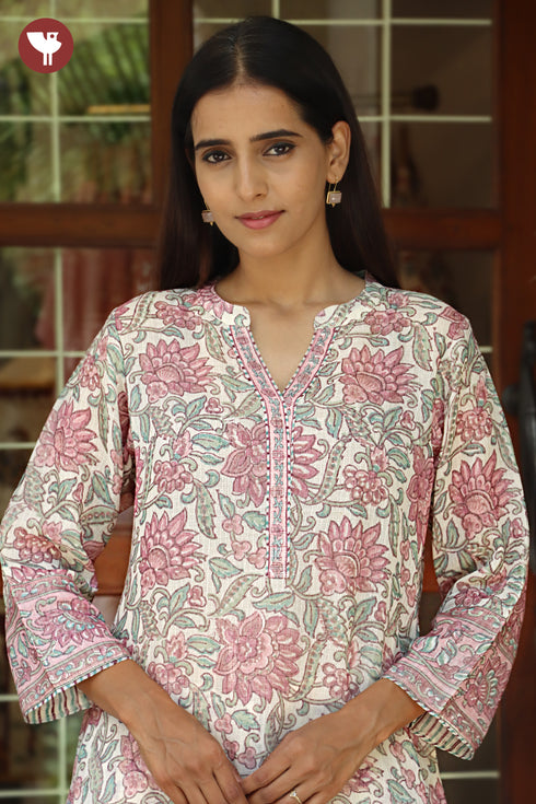 Kota Doria Kurta Pant Set With Dupatta In Block Print