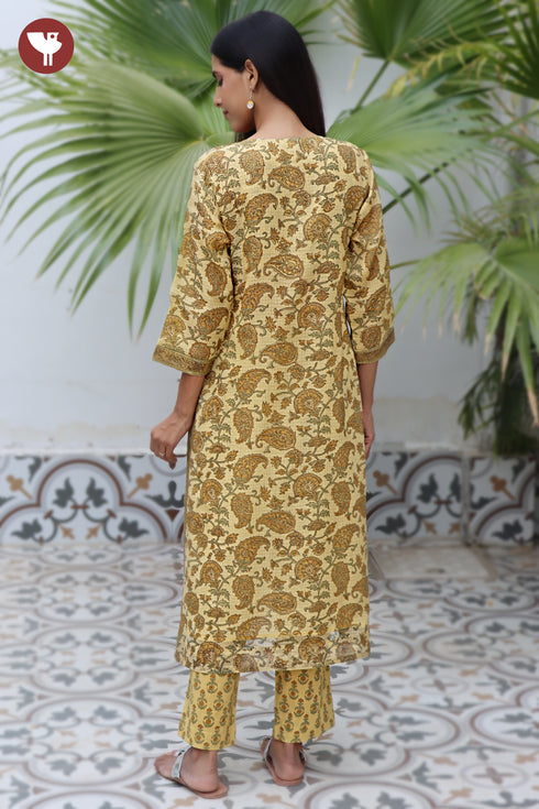 Kota Doria Mustard Yellow Kurta Pant with Dupatta In Floral Block Print