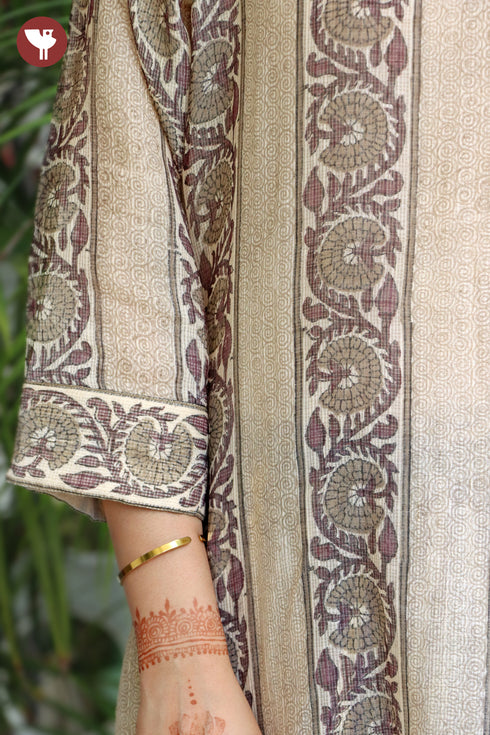 Kota Doria Kurta Pant with Dupatta in Geometric Block Print
