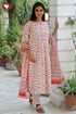 Bizzy Lizzy White & Rust Kurta Pant with Dupatta in Block Print