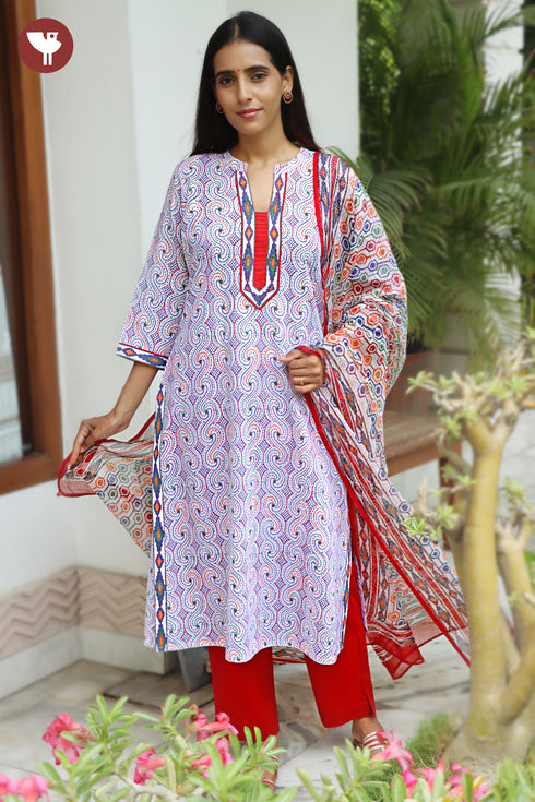 Terry Voile Kurta Pant with Dupatta in Block Print