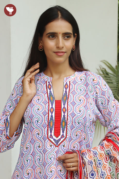Terry Voile Kurta Pant with Dupatta in Block Print