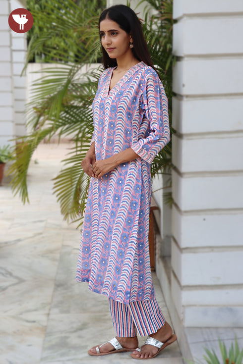 Chanderi Silk Kurta Pant With Dupatta In Floral Block Print