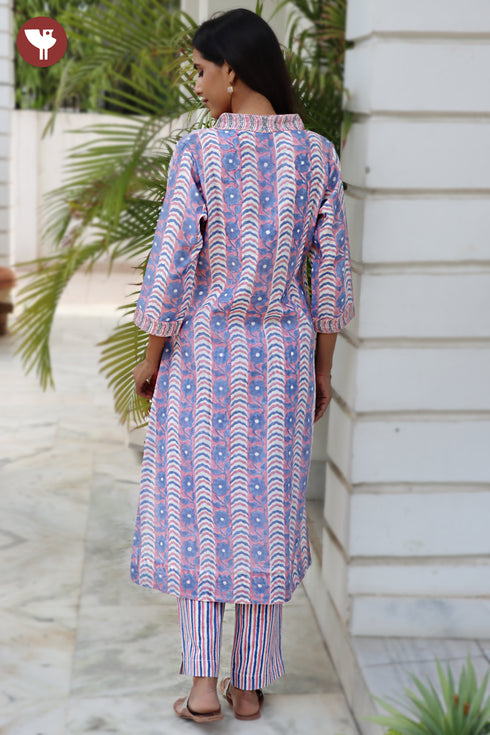 Chanderi Silk Kurta Pant With Dupatta In Floral Block Print