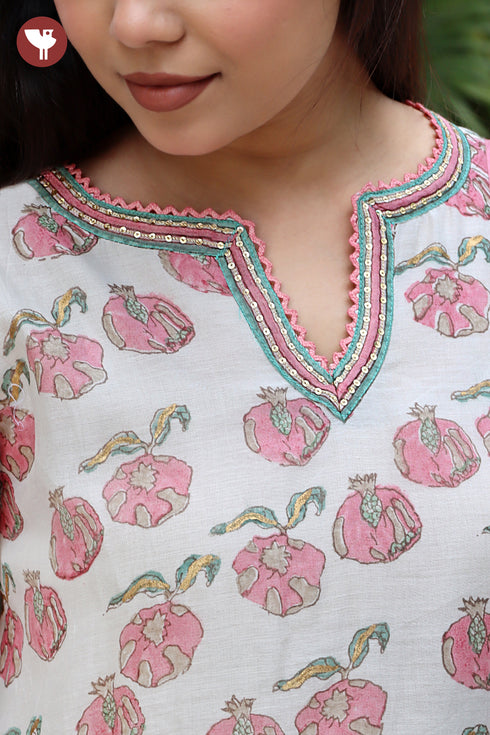 Chanderi Silk Kurta Pant with Dupatta in Pomegranate Block Print