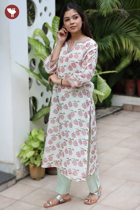 Chanderi Silk Kurta Pant with Dupatta in Pomegranate Block Print