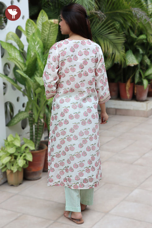 Chanderi Silk Kurta Pant with Dupatta in Pomegranate Block Print