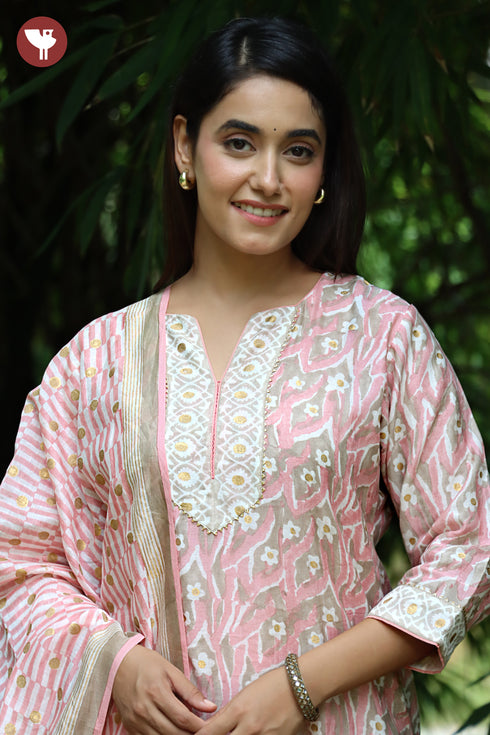 Chanderi Silk Kurta Pant with Dupatta in Zari Floral Block Print