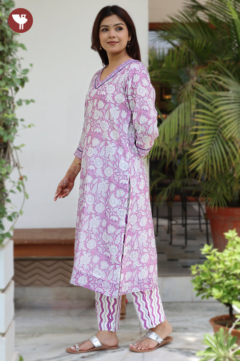 Chanderi Silk Kurta Pant With Dupatta In Floral Block Print