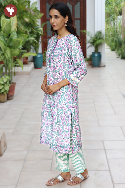 Chanderi Silk Kurta Pant With Dupatta In Floral Block Print
