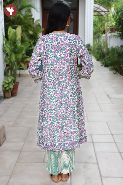 Chanderi Silk Kurta Pant With Dupatta In Floral Block Print