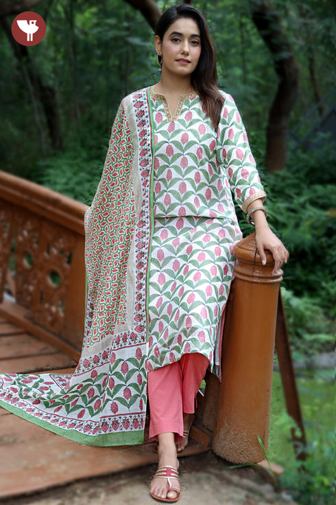 Chanderi Silk Kurta Pant with Dupatta in Embroidered & Floral Block Print