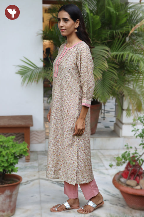 Chanderi Silk Kurta Pant with Dupatta in Zari Floral Block Print