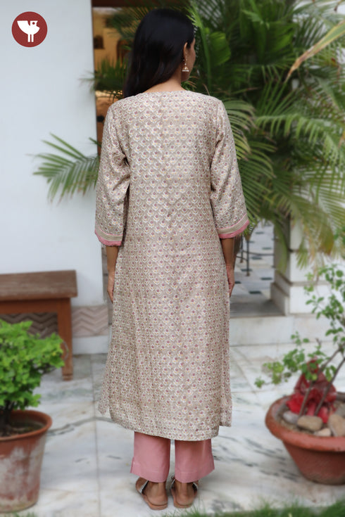 Chanderi Silk Kurta Pant with Dupatta in Zari Floral Block Print