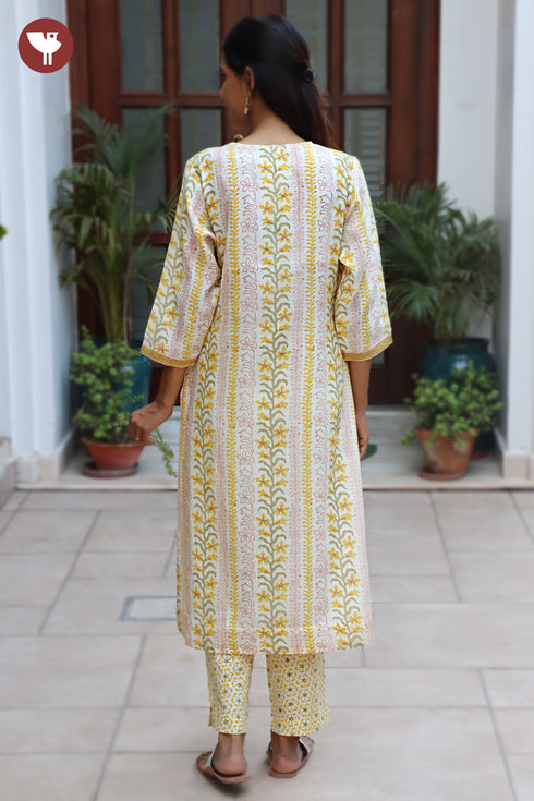 Chanderi Silk Kurta Pant With Dupatta In Floral Block Print