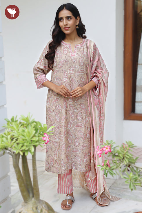 Chanderi Silk Kurta Pant with Dupatta in Floral Block Print