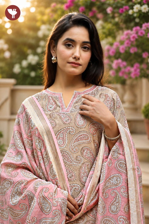 Chanderi Silk Kurta Pant with Dupatta in Floral Block Print