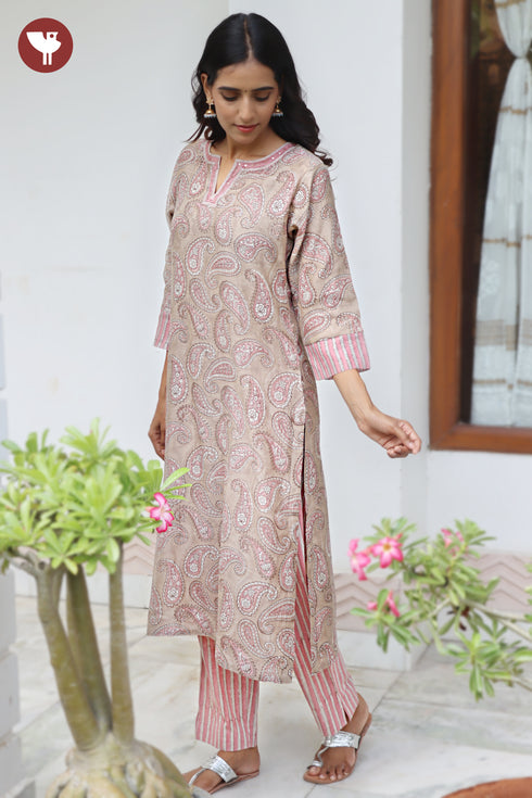 Chanderi Silk Kurta Pant with Dupatta in Floral Block Print