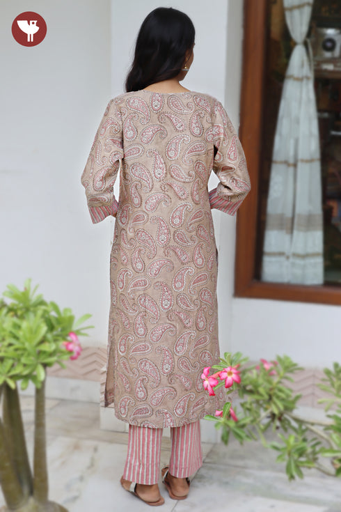 Chanderi Silk Kurta Pant with Dupatta in Floral Block Print