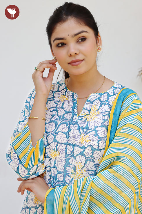 Chanderi Silk Teal Kurta Pant with Dupatta in Floral Block Print