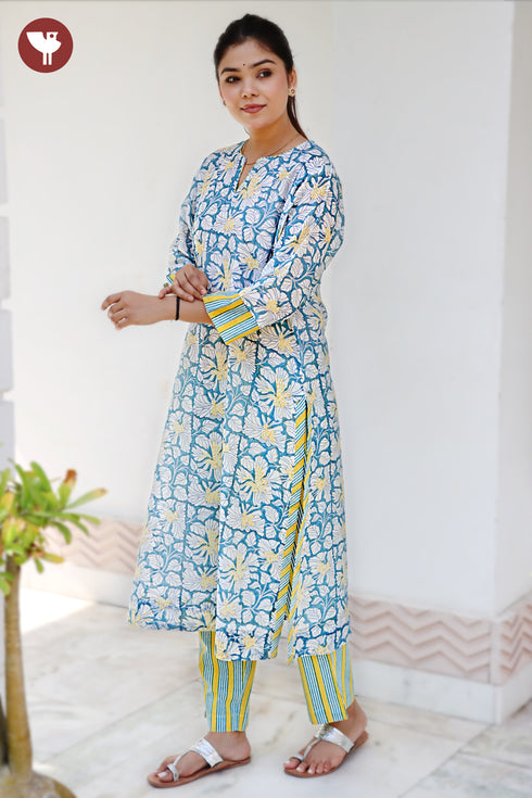 Chanderi Silk Teal Kurta Pant with Dupatta in Floral Block Print