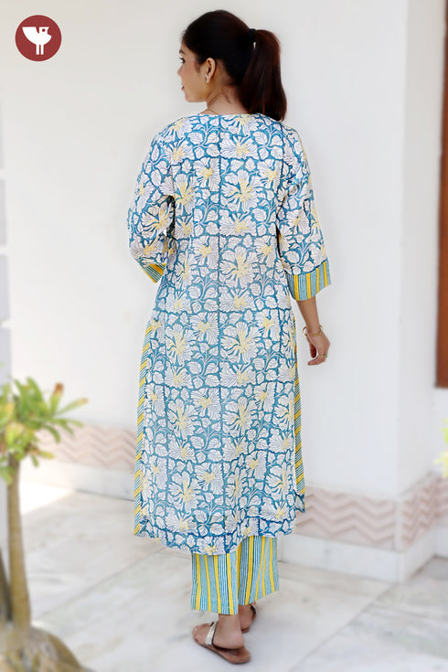 Chanderi Silk Teal Kurta Pant with Dupatta in Floral Block Print