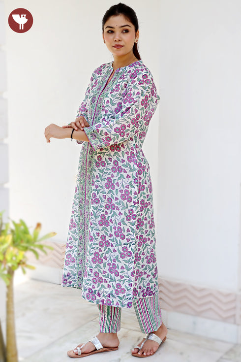 Chanderi Silk Kurta Pant with Dupatta in Floral Block Print