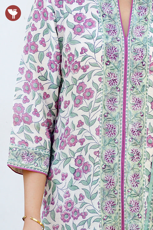 Chanderi Silk Kurta Pant with Dupatta in Floral Block Print