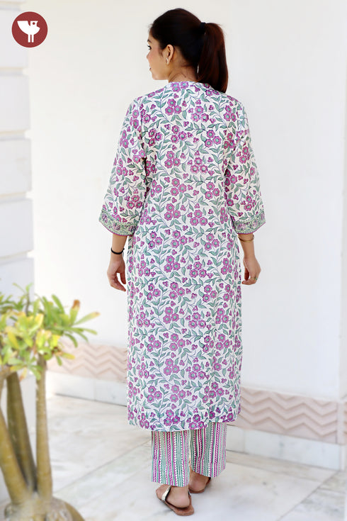 Chanderi Silk Kurta Pant with Dupatta in Floral Block Print