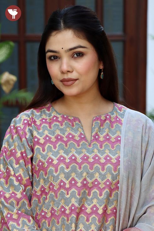 Chanderi Silk Kurta Pant & Dupatta Set in Block Print