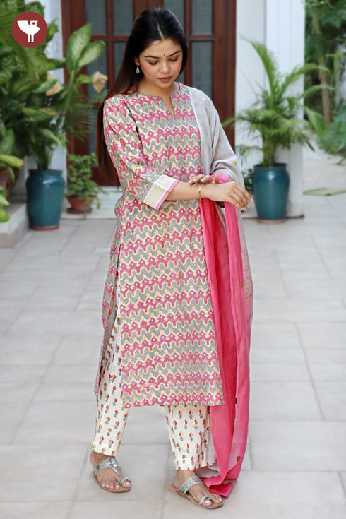 Chanderi Silk Kurta Pant & Dupatta Set in Block Print
