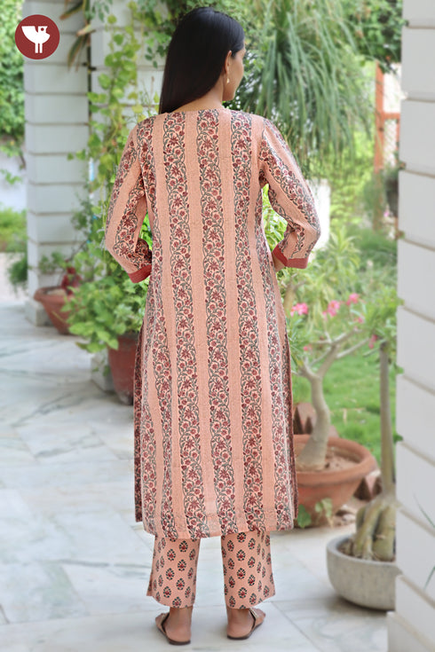 Chanderi Silk Peach Kurta Pant with Dupatta in Floral Block Print