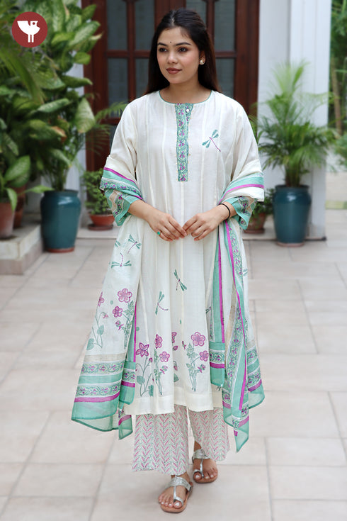 Chanderi Silk Kurta Pant with Dupatta in Floral Block Print