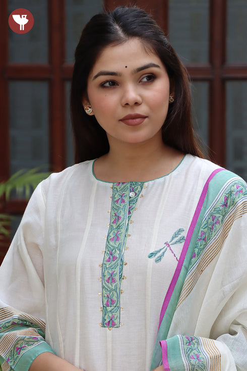 Chanderi Silk Kurta Pant with Dupatta in Floral Block Print
