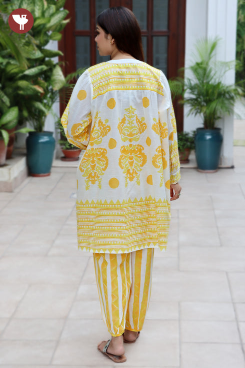 Slub Cotton Lemon & Yellow Kurta And Pant Set in Block Print