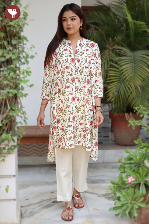 Cotton Dobby Kurta And Pant Set In Floral Block Print