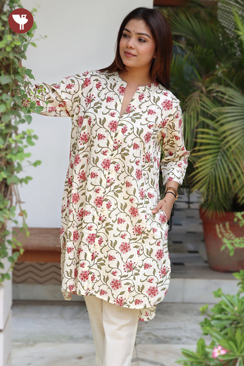 Cotton Dobby Kurta And Pant Set In Floral Block Print