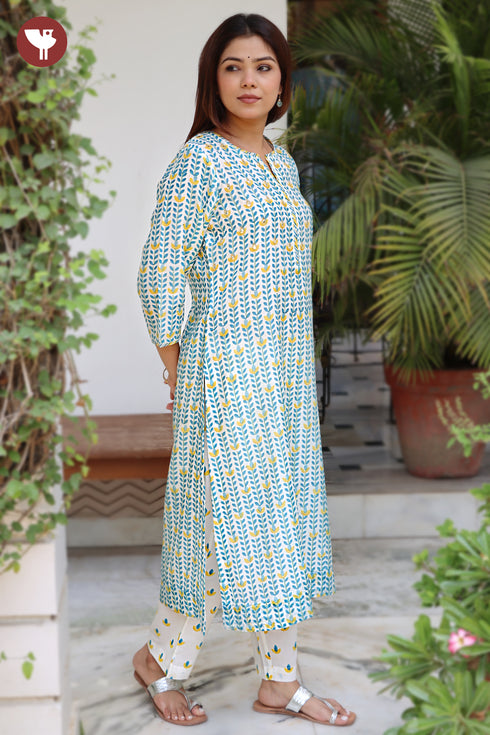 Chanderi Silk Kurta Pant with Dupatta in Floral Block Print