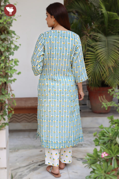 Chanderi Silk Kurta Pant with Dupatta in Floral Block Print