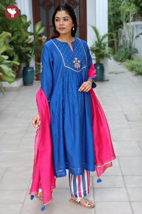 Chanderi Silk Kurta Pant & Dupatta Set in Floral Block Print