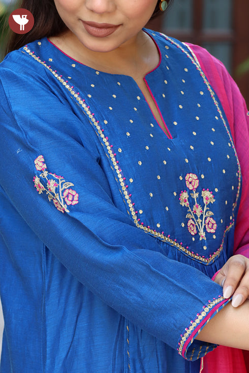 Chanderi Silk Kurta Pant & Dupatta Set in Floral Block Print