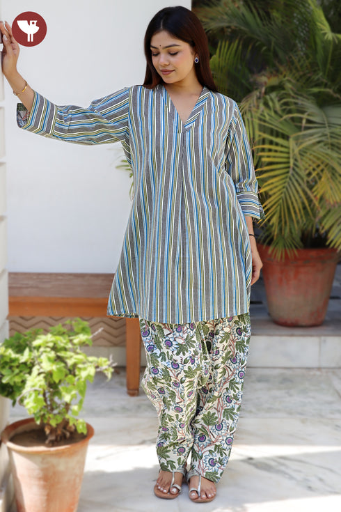 Cambric Cotton Blue & Olive Green Stripe Kurta and Salwar Set in Floral Print