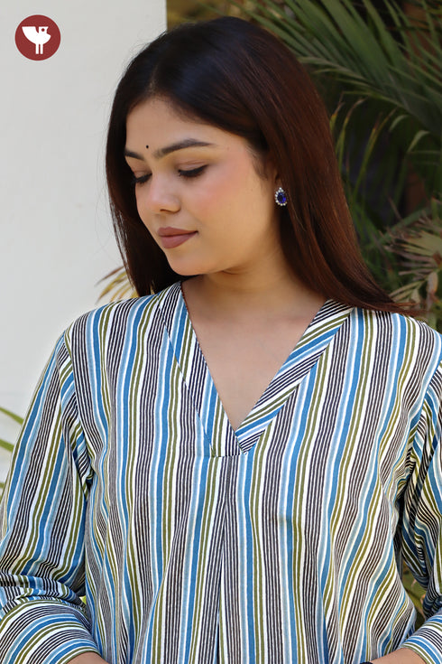 Cambric Cotton Blue & Olive Green Stripe Kurta and Salwar Set in Floral Print