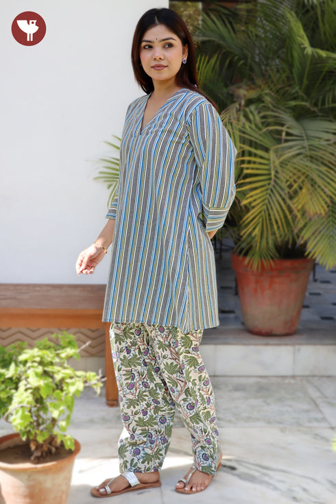 Cambric Cotton Blue & Olive Green Stripe Kurta and Salwar Set in Floral Print