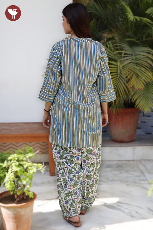 Cambric Cotton Blue & Olive Green Stripe Kurta and Salwar Set in Floral Print