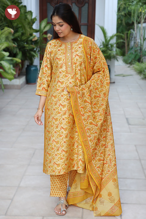 Tussar Cotton Kurta Pant & Dupatta Set in Floral Block Print