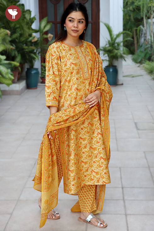 Tussar Cotton Kurta Pant & Dupatta Set in Floral Block Print