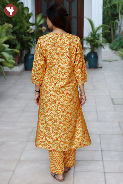 Tussar Cotton Kurta Pant & Dupatta Set in Floral Block Print