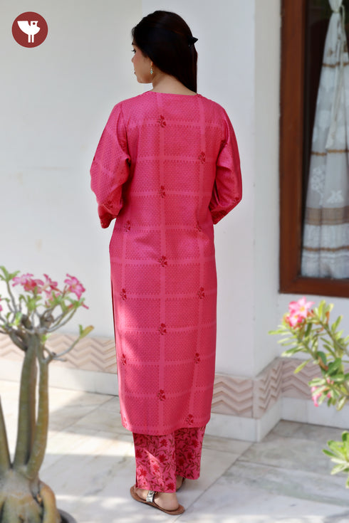Tussar Cotton Kurta Pant & Dupatta Set in Floral Block Print