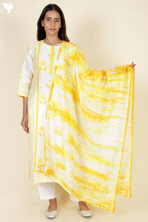 Chanderi Silk Kurta With Dupatta In Golden Yellow Floral Block Print